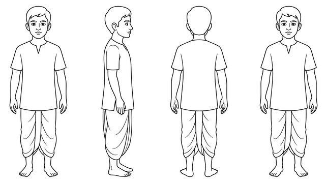 Indian boy wearing traditional dhoti kurta dress, front back side view reference.