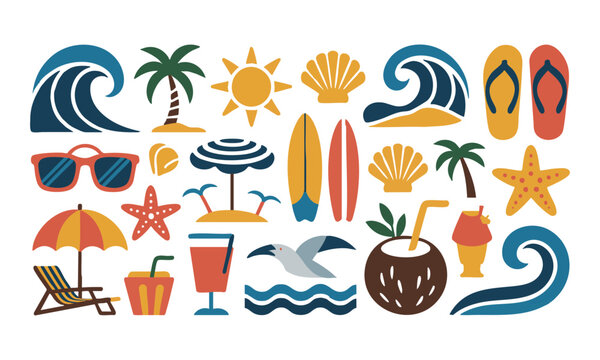 Modern flat beach icons set summer tropical elements vector illustration