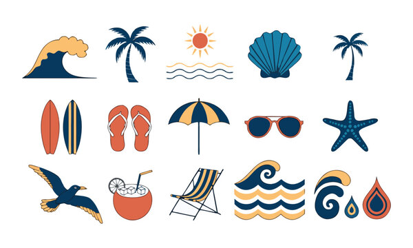 Flat beach elements icon set vector isolated summer tropical objects