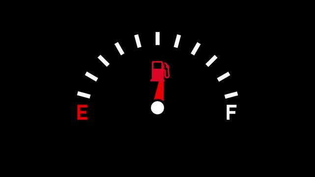 Fuel gas gauge meter decreasing and increasing with alpha channel. Full gas fuel gauge dial 2d animation black screen