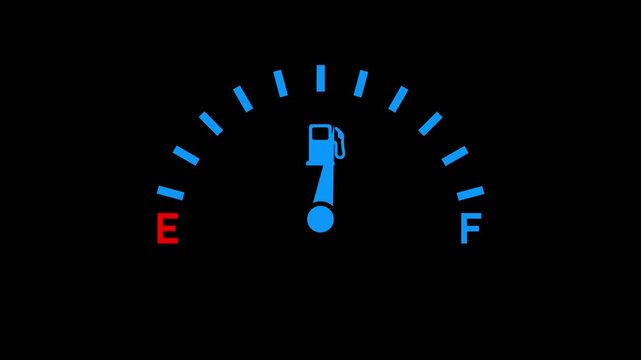 Fuel gas gauge meter decreasing and increasing with alpha channel. Full gas fuel gauge dial 2d animation black screen