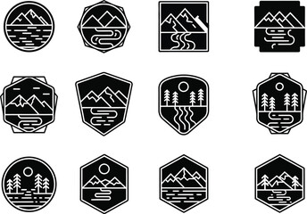 Fototapeta premium Set of stylized mountain landscape icons with rivers and trees, line art