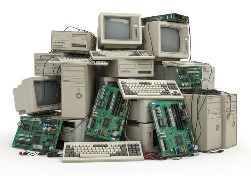 pile of obsolete vintage computers and monitors in cluttered workspace