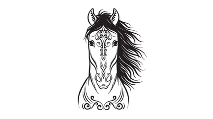Horse head tattoo design with ornate filigree pattern and flowing mane line art on white background featuring decorative, tribal style, vector with © Olise