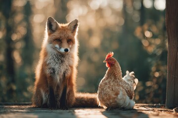 Fototapeta premium Wild fox and domestic chicken sitting together