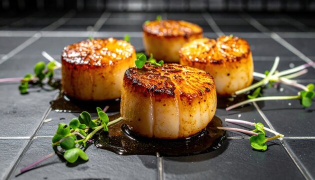 Perfectly seared sea scallops served with a savory brown butter glaze and fresh microgreens on a modern dark slate plate.