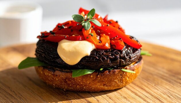 A gourmet grilled portobello mushroom burger topped with roasted red peppers and vegan aioli served on a rustic wooden table.