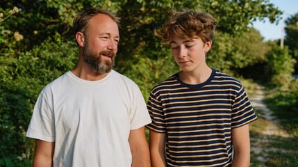 Obraz premium A bearded father in a white t-shirt walks beside his teenage son outdoors