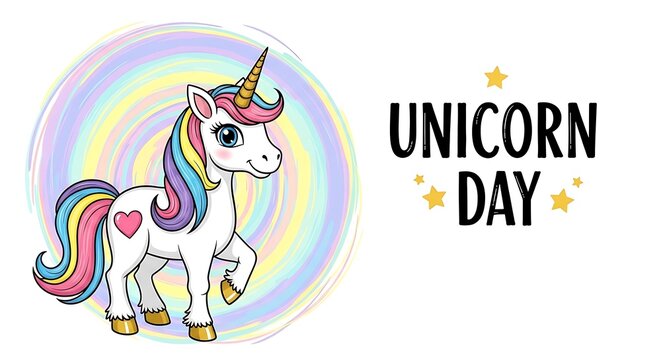 Cartoon unicorn with rainbow mane and tail standing on white background