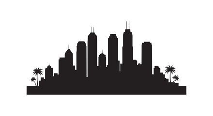 Naklejka premium Modern city skyline silhouette with tall skyscrapers and palm trees isolated on white background urban landscape icon.