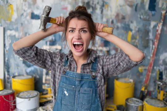 Humorous home renovation with woman and hammer