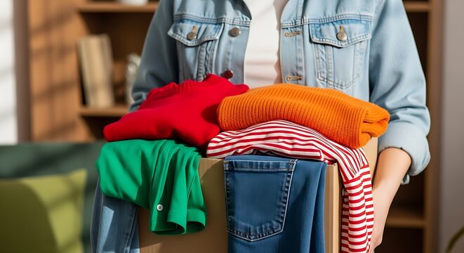 Person holding colorful folded sweaters on top of a wooden box in casual clothing