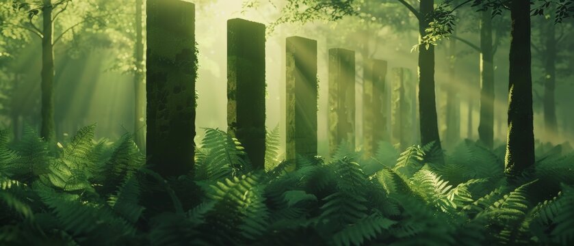 Misty forest bathed in golden morning light. Ancient stone pillars stand tall through lush ferns. Gentle rays pierce the canopy, casting soft shadows. Moss and ferns carpet the ground, adding texture