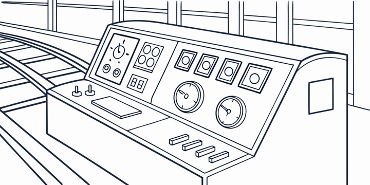 Train station dispatch control console tower graphic with dashboard dispatch industry technology infrastructure transportation logistics automation engineering technical equipment mechanism