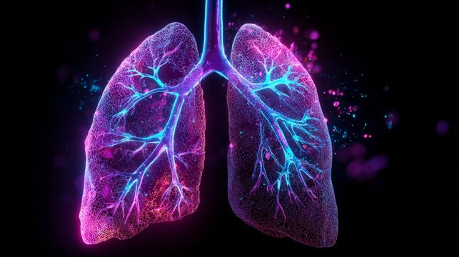 Vibrant lungs glow with neon hues against deep black. Branching structures pulse with electric blue and magenta light. Particles swirl around the organ, evoking energy and life
