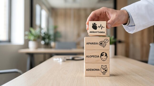 Medical professional building blocks with health conditions on a wooden table in office