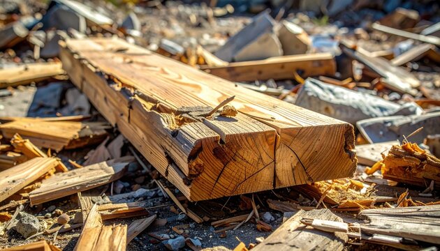 A fragmented wooden plank with splintered edges and deep gouges from shrapnel impact lying among construction site debris.