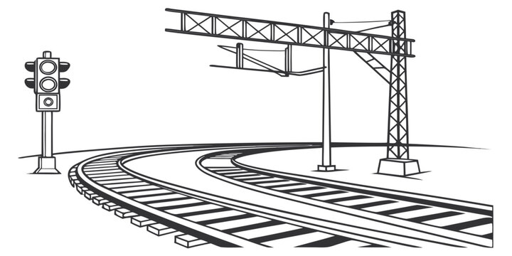 Graphic illustration of electrified railway track line art with railway station rail track bed train track rail system railroad tracks rail road railroad transportation overhead