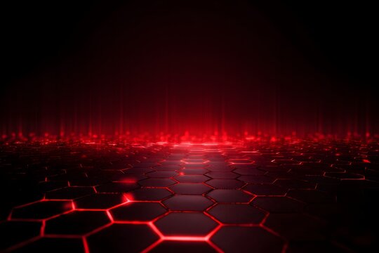 Abstract dark background featuring glowing red hexagonal floor with vertical light beams ascending from horizon, creating an intense and immersive digital landscape