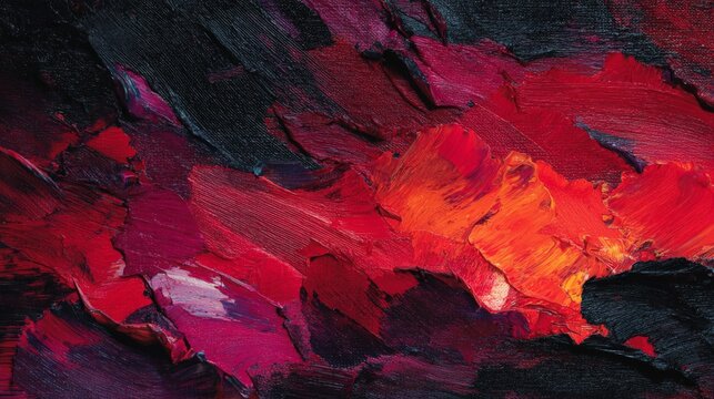 Bold strokes of crimson and scarlet blaze against deep purples and blacks. Texture feels urgent, raw, and alive in every brushstroke. Energy pulses through the canvas like a silent firestorm