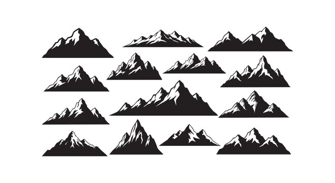 Mountain range set isolated on white background, group of mountains icon, rocky peak, abstract landscape silhouette.