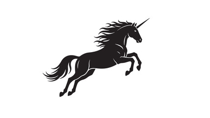 Unicorn horse silhouette logo with flowing mane, horned profile and dynamic charging pose on white background © Olise