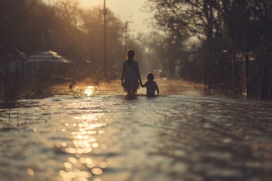Mother and child wading through shallow floodwater