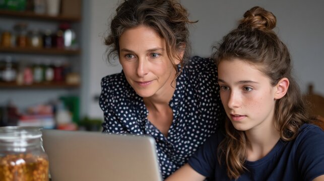 Mother and daughter learning together on a laptop at home