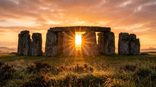 Summer solstice sunrise at ancient stone monument with golden light rays through historic structure creating spiritual landscape for travel culture and heritage use
