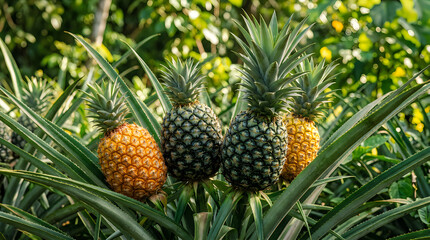 Fototapeta premium Pineapples growing on a plant with green leaves outdoors