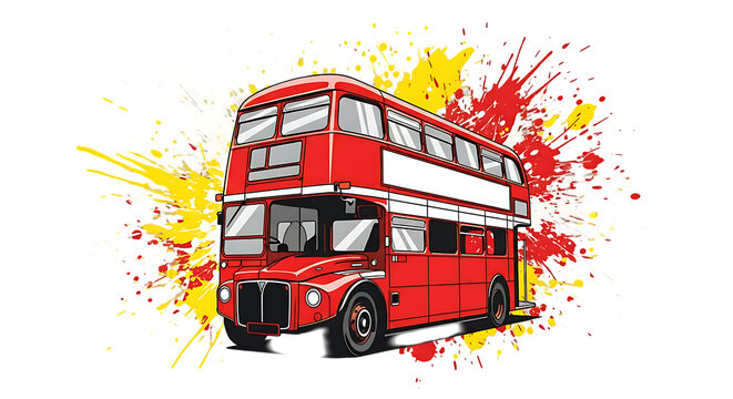 vintage red double decker bus illustration with colorful paint splatter isolated on transparent background