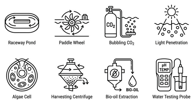 Aquaculture and algae cultivation icons illustrating sustainable farming methods in raceway ponds.