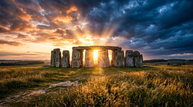 Stonehenge during summer solstice sunrise with dramatic sky and golden light over ancient stones creating mystical heritage landscape for travel culture and spiritual use
