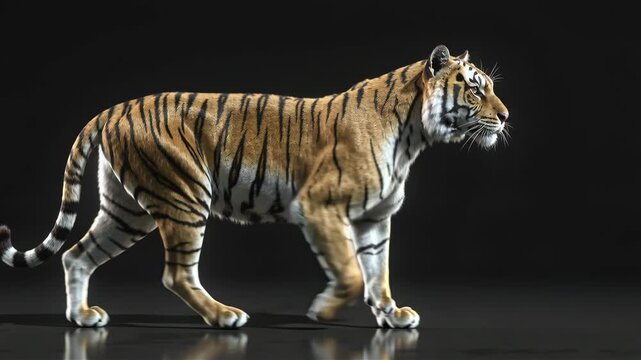 Golden metal tiger walking slowly on a pure black background with subtle floor reflection. Shimmering polished metallic body with bright light streaks sliding across the glowing fur.