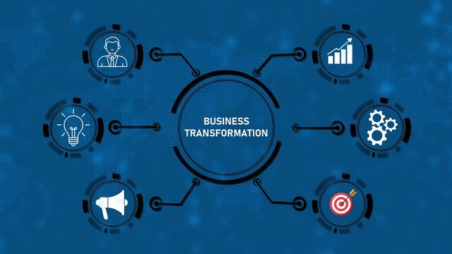Business Transformation Concept with Digital Network, Growth Chart, Innovation, Strategy, Marketing and Process Optimization Infographic on Blue Technology Background