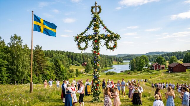 Midsummer festival celebration in Sweden with traditional maypole dance in countryside under bright summer sky creating cultural lifestyle background for travel and heritage promotion