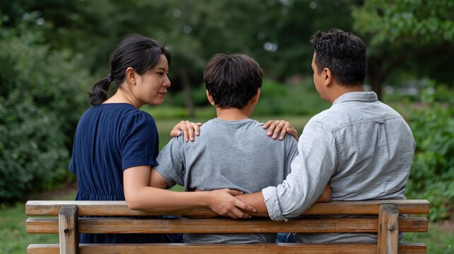 Parents comforting their teenage son while sitting on a park bench