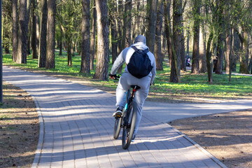 Fototapeta premium Rear view a man riding along a forest trail on a bicycle