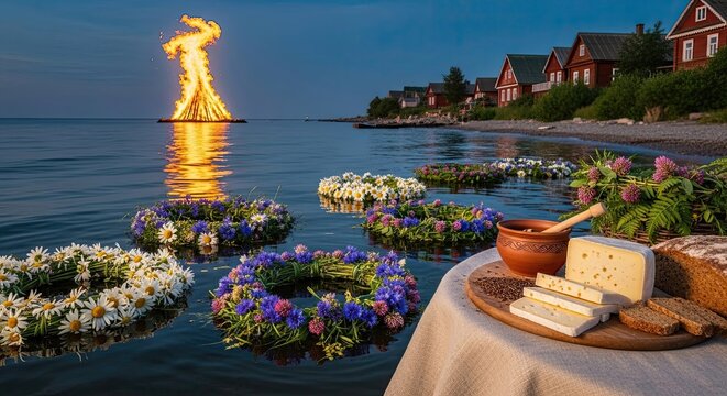 Midsummer Night Celebration by the River with Cheese, Bread, and Bonfire