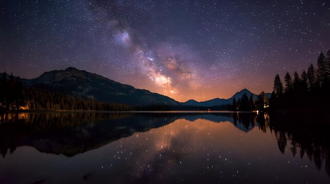 Night sky reflected perfectly in still mountain lake creating natural symmetry symbolizing emotional balance happiness and quiet reflection