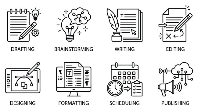 Content creation drafting brainstorming writing editing designing formatting scheduling publishing icons set.
