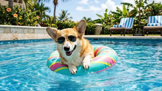Happy dog floating on inflatable ring in swimming pool under sunny weather. Concept of summer, pets, fun, leisure, lifestyle, vacation.