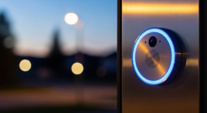 Circular illuminated smart doorbell unit with integrated camera and speaker on a modern metallic surface at dusk