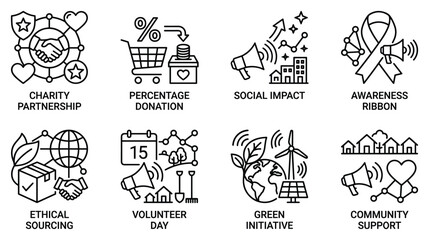 Obraz premium Corporate social responsibility icons charity partnership percentage donation social impact awareness ribbon.