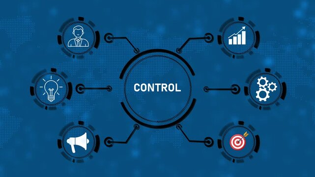Business Control Concept with Digital Network Connections, Management Strategy, Process Optimization, Growth Analytics and Technology Infographic on Blue Background
