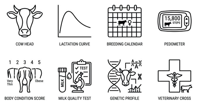 Cow head lactation curve breeding calendar pedometer body condition score milk quality test genetic profile veterinary cross.