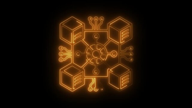 Glowing Neon Blockchain Network Icon Distributed Data Cube System Digital Connection Technology Futuristic Circuit Chain Symbol White Light Interface Design
