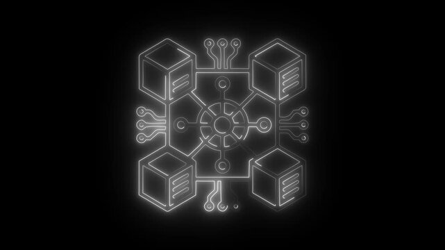 Glowing Neon Blockchain Network Icon Distributed Data Cube System Digital Connection Technology Futuristic Circuit Chain Symbol White Light Interface Design