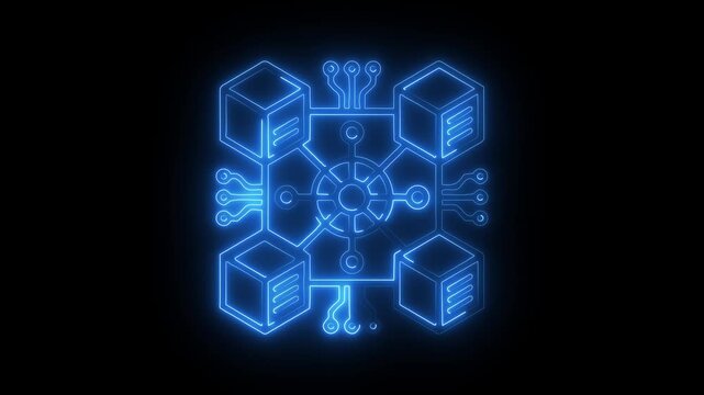 Glowing Neon Blockchain Network Icon Distributed Data Cube System Digital Connection Technology Futuristic Circuit Chain Symbol White Light Interface Design