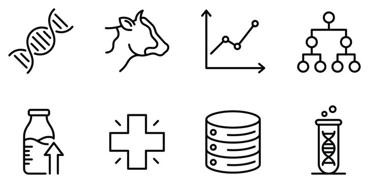 Dna molecule cow head graph hierarchy chart milk bottle plus sign database test tube icons for science and agriculture.